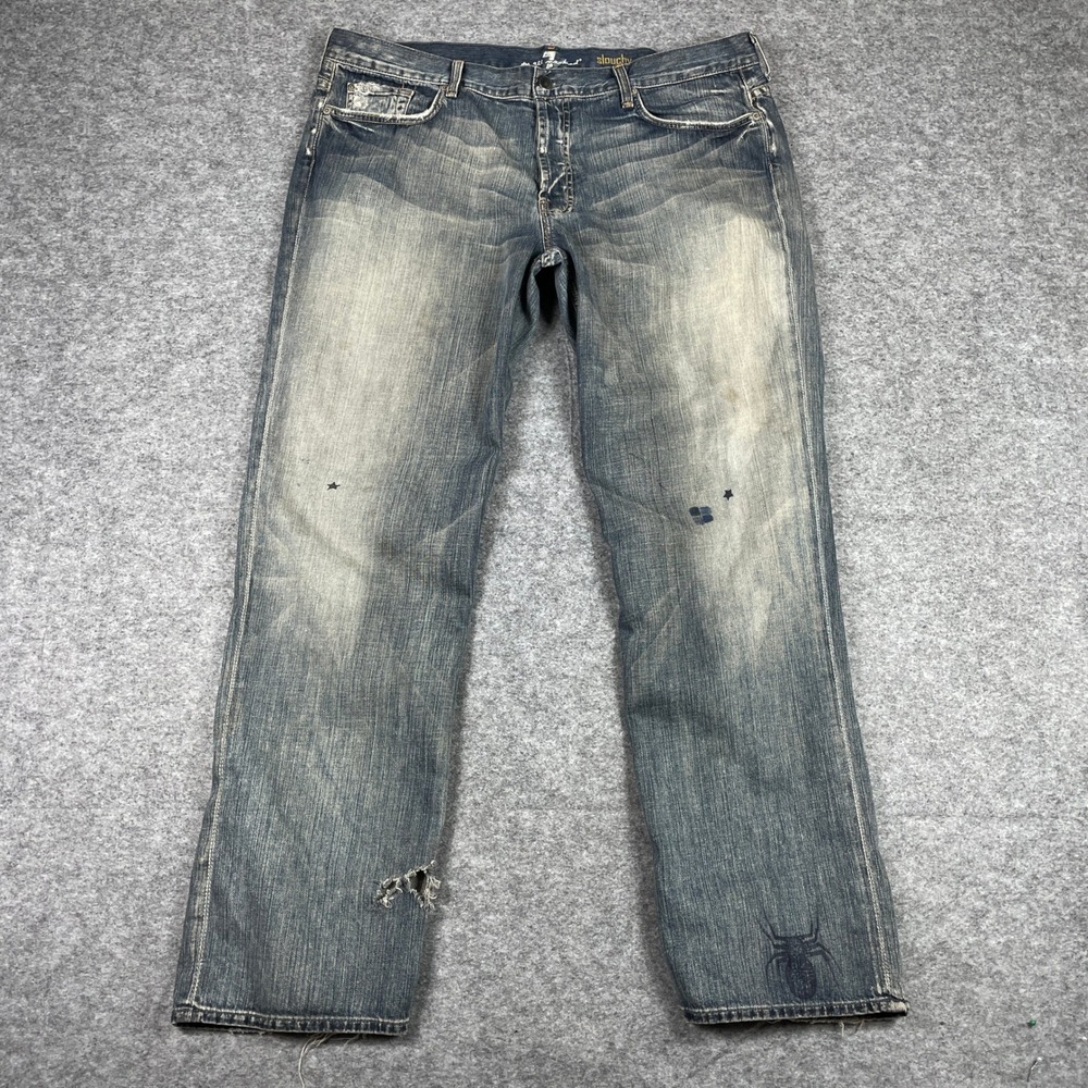 7 For All Mankind Jeans Mens 40 Blue Slouchy Grunge Distressed Pen Art Spider